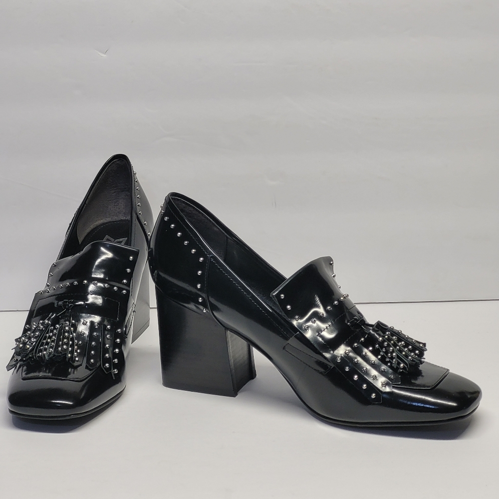 Marc Fisher LTD Millie Fringe Black Patent Studded Block Heel Loafers